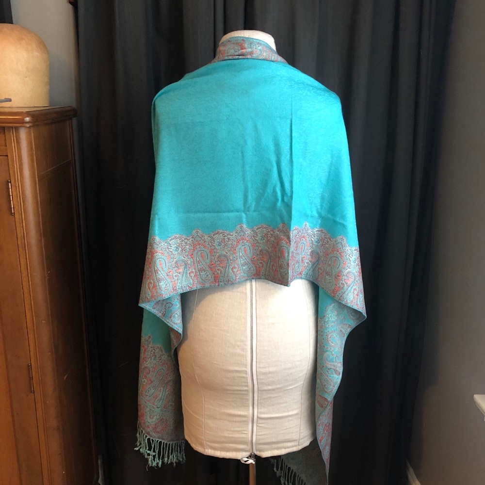 Turquoise and Pink Paisley & Solid Pashmina Scarf 27” x 80” - Picture 3 of 5